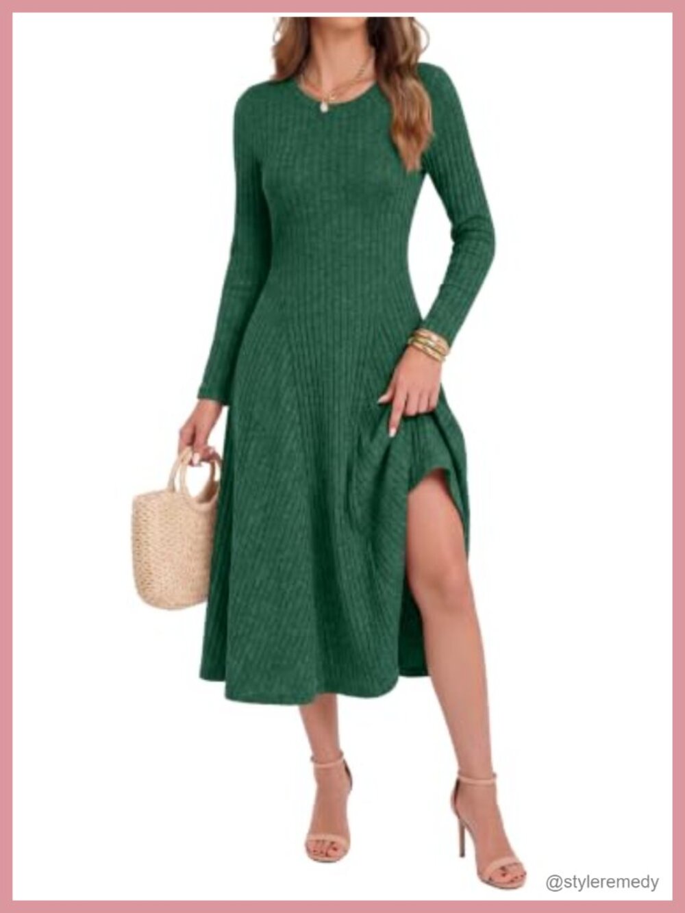 Women's Ribbed Knit Midi Dress Long Sleeve Crew Neck Flared Swing A-Line